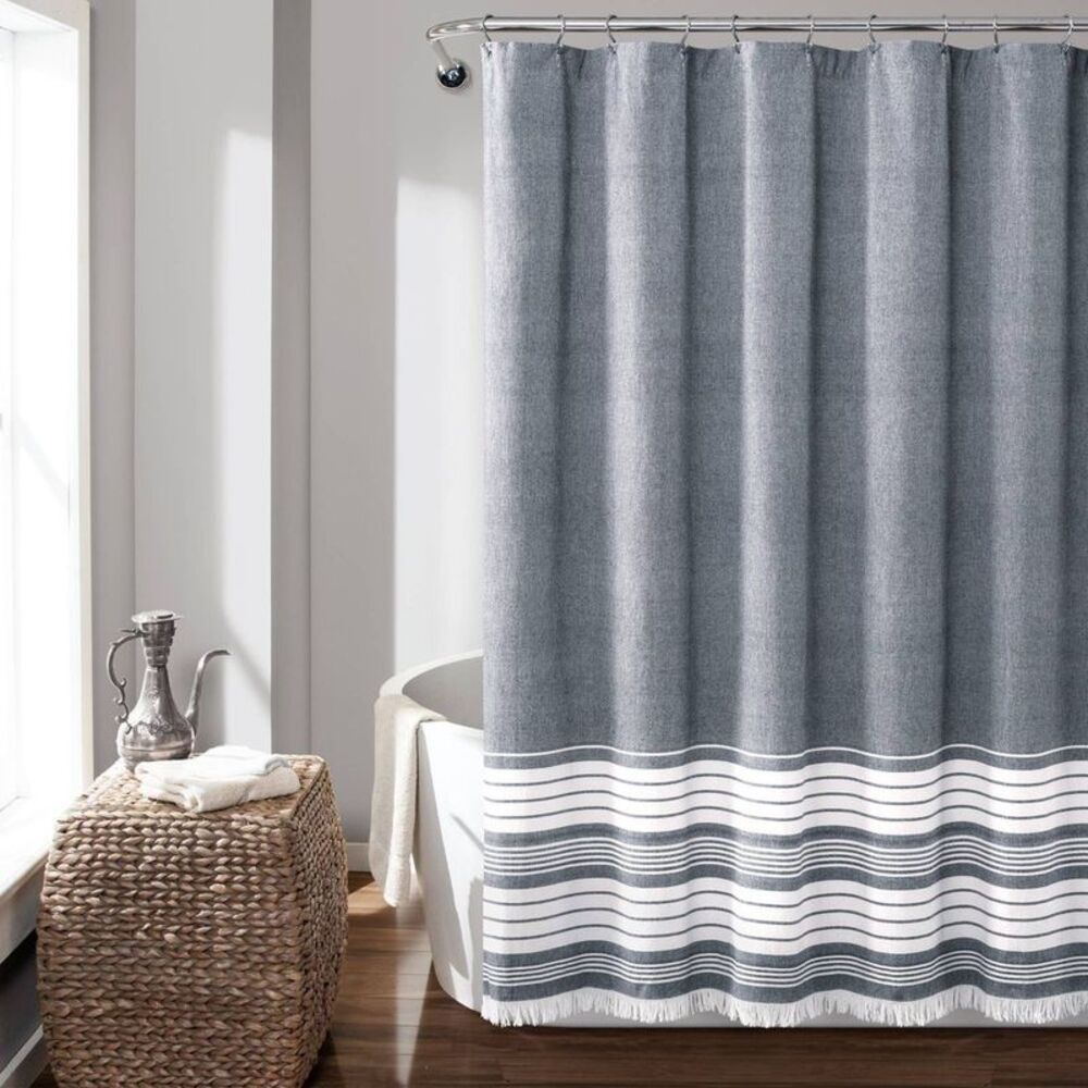 72"x78" Nantucket Yarn Dyed with Cotton Tassels Fringed Shower Curtain Navy